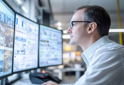 Engineer analyzing process control systems during a CHAZOP study in an industrial control room